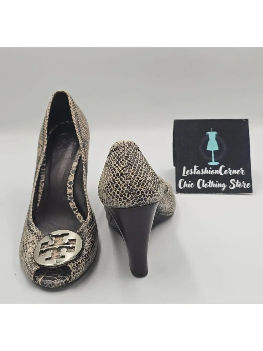Tory Burch Women's Python Leather Julianne Peep Toe Wedge Pumps Shoe Size 9 3783